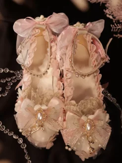 Lolita Wedding Dress Lolita Footwear Pink Pearls Bows Fringe PU Leather Chunky Heel Lolita Pumps -AYA Cosplay Shop 202404230940556485257