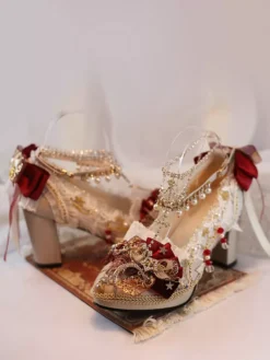 Lolita Wedding Dress Lolita Footwear Ecru White Lace Flowers Chains PU Leather Chunky Heel Lolita Shoes -AYA Cosplay Shop 202404230940570588443