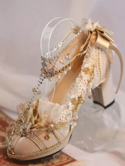 Lolita Wedding Dress Lolita Footwear Ecru White Lace Flowers Chains PU Leather Chunky Heel Lolita Shoes -AYA Cosplay Shop 20240423094058444809