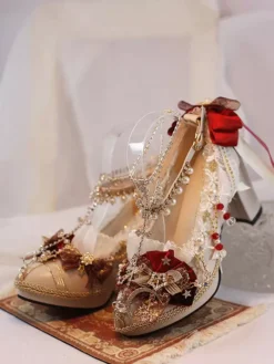 Lolita Wedding Dress Lolita Footwear Ecru White Lace Flowers Chains PU Leather Chunky Heel Lolita Shoes -AYA Cosplay Shop 202404230940590757271