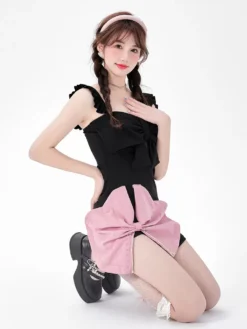 Sweet Lolita Swimsuits Black Ruffles Bows Sleeveless Dress Pants -AYA Cosplay Shop 202405291417233702009