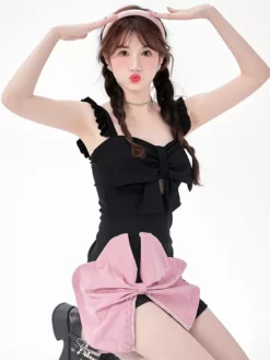 Sweet Lolita Swimsuits Black Ruffles Bows Sleeveless Dress Pants -AYA Cosplay Shop 20240529141724029570