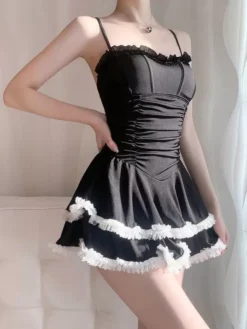 Gothic Lolita Swimsuits Black Ruffles Sleeveless Pants Dress -AYA Cosplay Shop 202405291426226627569