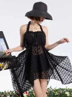 ROCOCO Style Lolita Swimsuits Ecru White Flowers Sleeveless Top Dress Pants -AYA Cosplay Shop 202405291927340855537