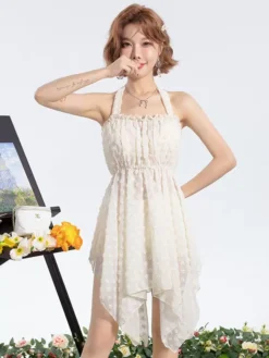 ROCOCO Style Lolita Swimsuits Ecru White Flowers Sleeveless Top Dress Pants -AYA Cosplay Shop 202405291927382899287