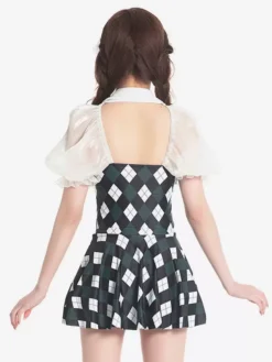 Sweet Lolita Swimsuits Dark Green Plaid Bows Ruffles Short Sleeves Dress -AYA Cosplay Shop 202405291928014838756