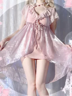 Sweet Lolita Swimsuits Pink Ruffles Lace Up Short Sleeves Pants Dress -AYA Cosplay Shop 202405291929147657209