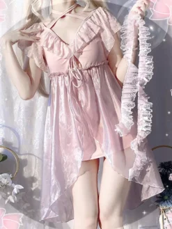 Sweet Lolita Swimsuits Pink Ruffles Lace Up Short Sleeves Pants Dress -AYA Cosplay Shop 202405291929157046465