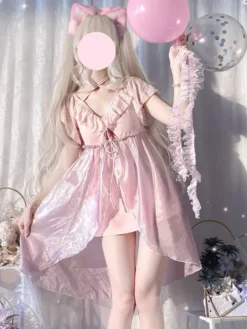 Sweet Lolita Swimsuits Pink Ruffles Lace Up Short Sleeves Pants Dress -AYA Cosplay Shop 202405291929168086821