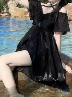 Sweet Lolita Swimsuits Pink Ruffles Lace Up Short Sleeves Pants Dress -AYA Cosplay Shop 2024052919292084884