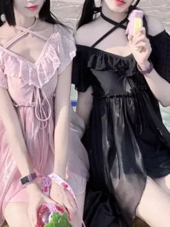 Sweet Lolita Swimsuits Pink Ruffles Lace Up Short Sleeves Pants Dress -AYA Cosplay Shop 202405291929214292892