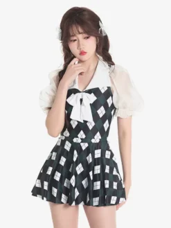 Sweet Lolita Swimsuits Dark Green Plaid Bows Ruffles Short Sleeves Dress