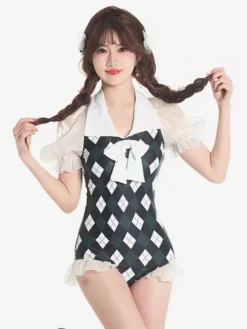 Sweet Lolita Swimsuits Dark Green Plaid Bows Ruffles Short Sleeves Dress -AYA Cosplay Shop 202405291929392619867
