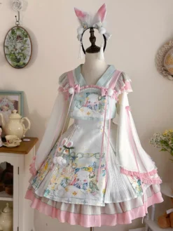 Chinese Style Lolita Dress Bows Long Sleeves Polyester Chinese Style Two-Tone Pastel Green Chinese Style Lolita