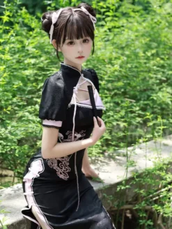 Chinese Style Lolita Dress Woven Short Sleeves Jacquard Chinese Style Animal Print Black Chinese Style Lolita -AYA Cosplay Shop 202406211629000161515