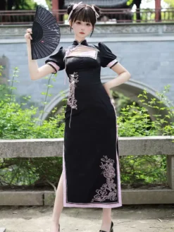 Chinese Style Lolita Dress Woven Short Sleeves Jacquard Chinese Style Animal Print Black Chinese Style Lolita -AYA Cosplay Shop 202406211629034139258