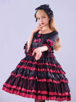 Lolitashow Exclusive Gothic Lolita Dresses Lace Flowers Jacquard Black Tea Party Half-Sleeve Dress -AYA Cosplay Shop 20444d25384046b5ac260cd1560f2ccf