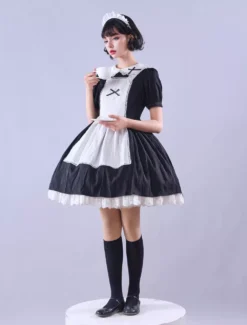 Lolitashow Exclusive Gothic Lolita Dresses Bows Ruffles Short Sleeves Cotton Black Tea Party Dress -AYA Cosplay Shop 23369324f15b41c3aa27cfdc00c39ef5