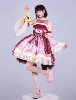 Lolitashow Exclusive Chinese Style Lolita Dress Bows Sleeveless Chiffon Floral Print Burgundy Tea Party Dress