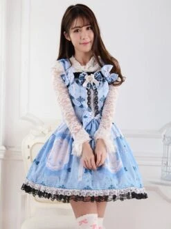 JSK Lolitashow Sweet Butterfly Print Bandage Lace Lolita Dress