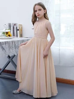 Champagne Flower Girl Dress Chiffon Pleated Jewel Neck Sleeveless Kids Birthday Party Dresses