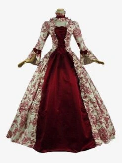 Victorian Dress Costume Prom Dress Baroque Costume Dark Red Lace Ruffles Floral Print Vintage Victorian Era Clothing With Choker Retro Outfits Halloween