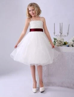 Ivory Flower Girl Dresses Spaghetti Straps Tutu Dress Lace Ribbon Bow Sash Short Kids Party Dress Milanoo