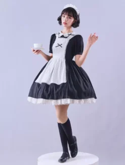Lolitashow Exclusive Gothic Lolita Dresses Bows Ruffles Short Sleeves Cotton Black Tea Party Dress -AYA Cosplay Shop 37b3acd560834aa1967a9ba8e4a935e6