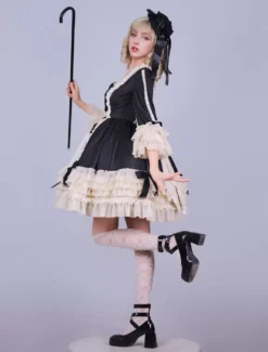 Lolitashow Exclusive Black Gothic Lolita Dress Chiffon Bow Ruffles Color Block Long Sleeve Tea Party Dress -AYA Cosplay Shop 38d0867f95434ac6b4fd66834c32e972