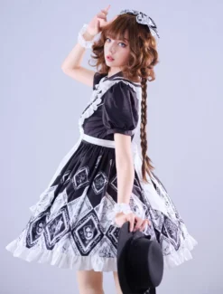 Lolitashow Exclusive Sweet Lolita Dress Alice Wonderland Chiffon Short Sleeves Floral Print Chiffon Dress -AYA Cosplay Shop 39cca0691b6b4ffdbc35430c3d89725f