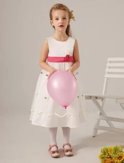 White Jewel Neck Tea-Length Flower Tulle Wedding Flower Girl Dress