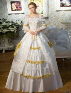 White Retro Costumes Flared Sleeve Off The Shoulder Victorian Vintage Maxi Dress Halloween