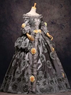 Gray Vintage Costume Rococo Lace Ruffles Off The Shoulder Flowers Beaded Ball Gown Dress Halloween -AYA Cosplay Shop 45708bf5 3914 4b96 a63b c6f8aad6d86d