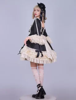 Lolitashow Exclusive Black Gothic Lolita Dress Chiffon Bow Ruffles Color Block Long Sleeve Tea Party Dress -AYA Cosplay Shop 4bdbf03f7cc44bbbb236436afecc696e