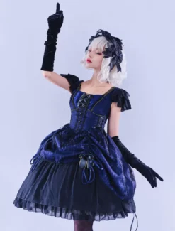 Lolitashow Exclusive Gothic Lolita Dresses Ruffles Bows Lace Stripes Blue Daily Casual Dress -AYA Cosplay Shop 4c970f8cc04042f5b7ae892f2a16b5d9