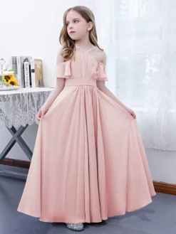 Cameo Pink Flower Girl Dress Chiffon Pleated Off-The-Shoulder Sleeveless Kids Birthday Party Dresses -AYA Cosplay Shop 4d6748fc9f3848f49c68cee2b58cf199