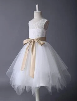 Flower Girl Dress Lace Ivory Tutu Dress Satin Ribbon Bow Sash Illusion Kids Party Dress Free Customization -AYA Cosplay Shop 4fc34b88 b595 4b25 9399 dac1fccf15f9