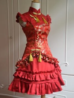 Classic Red Satin Qi Lolita Dress Sleevesless Plum Blossom Printed Ruffles -AYA Cosplay Shop 515b7170 857e 485c a828 3c89fc194797