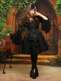 Gothic Black Lolita One Piece Dress Long Hime Sleeves Lace Up Layers Lace Trim -AYA Cosplay Shop 526e2543 0e7c 4315 bff5 71ac2d0de5ac