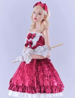JSK Lolitashow Exclusive Sweet Lolita Dress Velour Sleeveless Jumper Lace Bows Ruffles Daily Casual Dress -AYA Cosplay Shop 5311128a995945dbb1c8e29e74d5994f