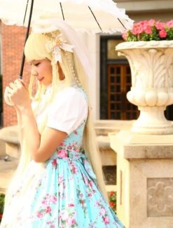 Lolitashow Light Blue Cotton Lolita One-piece Dress Flower Print Short Sleeves Chiffon Ruffles -AYA Cosplay Shop 5842dd1f 7775 4099 af56 455087bed18e