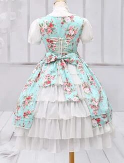 Lolitashow Light Blue Cotton Lolita One-piece Dress Flower Print Short Sleeves Chiffon Ruffles -AYA Cosplay Shop 59056609 754d 4c59 afac def0cd723d11