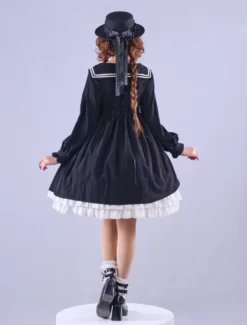 Lolitashow Exclusive Gothic Lolita Dresses Lace Ruffles Long Sleeves Black Polyester Daily Casual Dress -AYA Cosplay Shop 5ce4bfc543994e409f601d22b2d5c29a