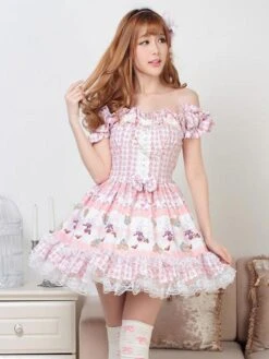 Classic Lolita OP Dress Printed Pink Lace Bows Lolita One Piece Dresses
