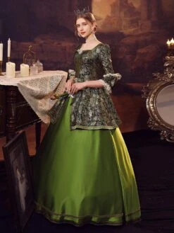 Prom Dress Victorian Dress Rococo Jacquard Dress Era Long Sleeves Green Vintage Dress With Hat -AYA Cosplay Shop 606c2f97 c1f2 4f66 b13b b9a29b464f08