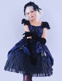 Lolitashow Exclusive Gothic Lolita Dresses Ruffles Bows Lace Stripes Blue Daily Casual Dress -AYA Cosplay Shop 611dc13d8a6f48758dd7858bff215141
