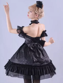 Lolitashow Exclusive Gothic Lolita Dresses Ruffles Lace Jacquard Sleeveless Black Summer Daily Casual Dress -AYA Cosplay Shop 62d5ab0d31234cb8866500368d5c9b25