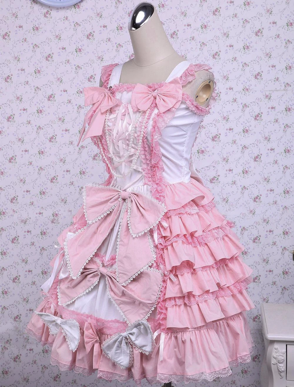 JSK Lolitashow Sweet Pink Cotton Loltia Jumper Dress Bows Layers Ruffles 4 JSK Lolitashow Sweet Pink Cotton Loltia Jumper Dress Bows Layers Ruffles - Image 2