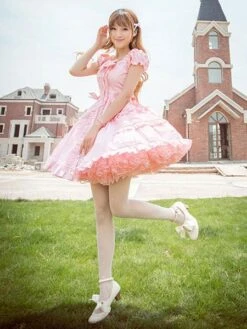 Lolitashow Classical Lolita Dress Layered Ruffles Lolita Dress Short Sleeves Lolita Op Dress With Bows -AYA Cosplay Shop 640ffa35 0574 4ff8 93d3 c3a70b6d5485