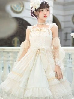 Sweet Lolita JSK Dress 3 Pieces Set White Sleeveless Lace Up Bows Lolita Jumper Skirts -AYA Cosplay Shop 6554183e 6df5 484e bcff b6fea37b4f36